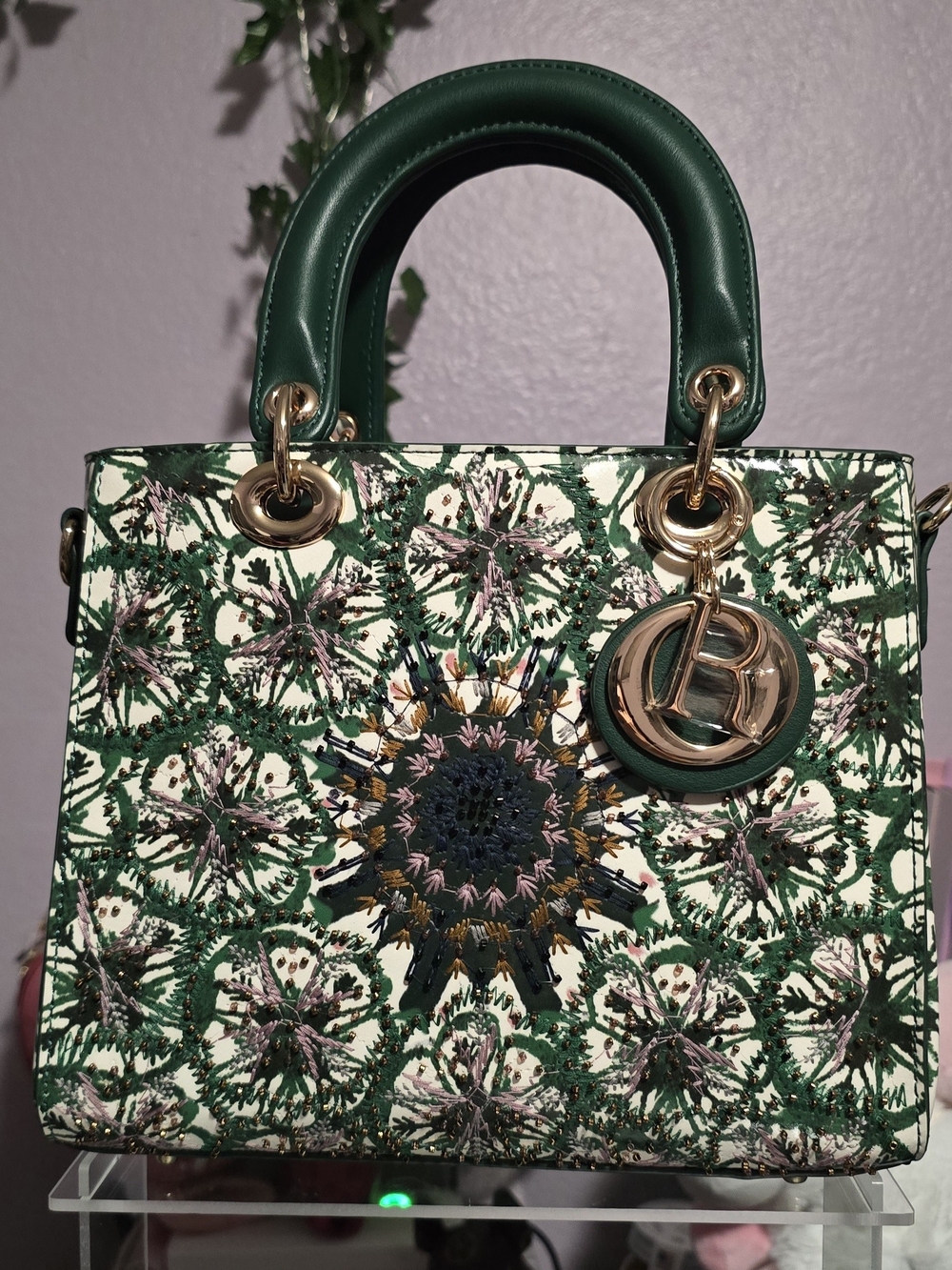 Green Embroidered Top-Handle Women's Bag